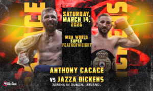 This poster shows boxers Jazza Dickens and Anthony Cacace to represent the upcoming Jazza Dickens vs Anthony Cacace fight.