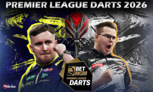 The image denotes a typical BetMGM Premier League darts competition featuring Night Nine with top darters' encounters.