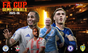 This poster denotes a FA Cup 2025-26 feature between top-tier clubs in the semifinal round.