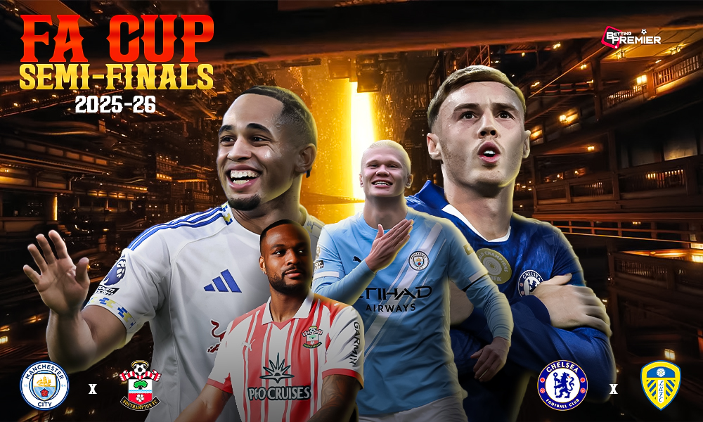 This poster denotes a FA Cup 2025-26 feature between top-tier clubs in the semifinal round.