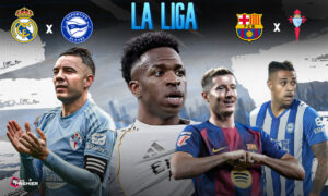 This poster shows teams representing the upcoming La Liga Matchday 33 fixtures.