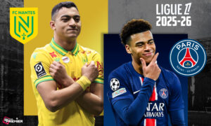 The poster describes the postponement clash between PSG vs Nantes in the Ligue 1 2025-26 season.