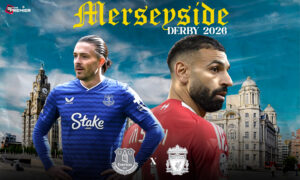 The image depicts a top-tier club clash, a head-to-head matchup in the Merseyside Derby.