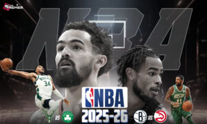 The poster defines the clashes for the playoff of the NBA season 2025-26, Matchday, April 3, 2026.