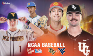 This poster shows teams representing the upcoming NCAA College Baseball games.