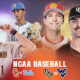 This poster shows teams representing the upcoming NCAA College Baseball games.