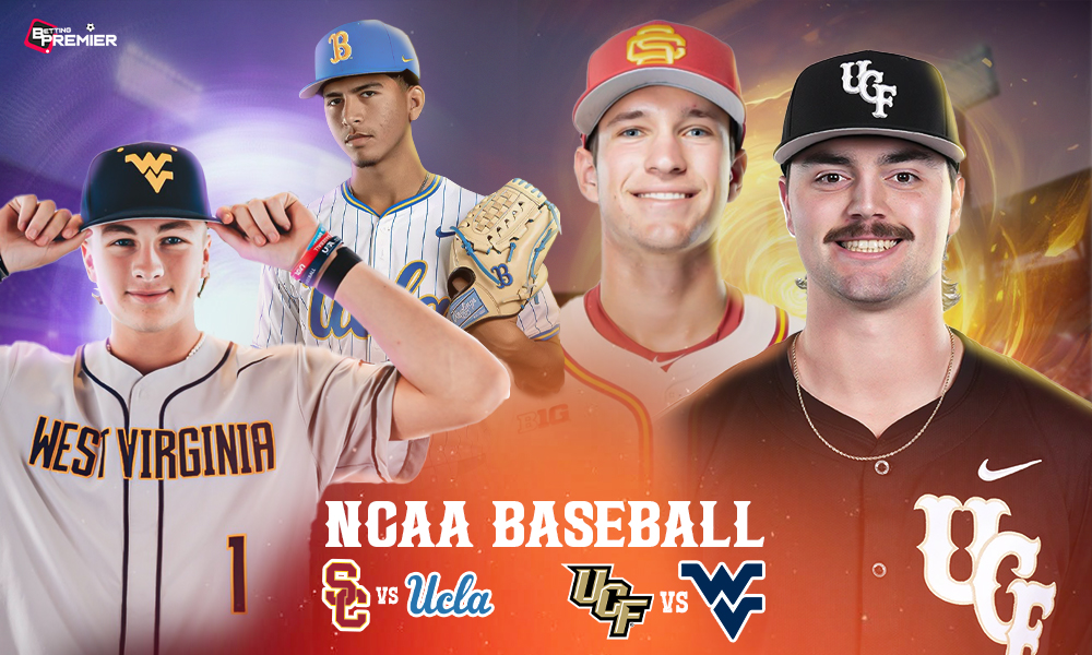This poster shows teams representing the upcoming NCAA College Baseball games.