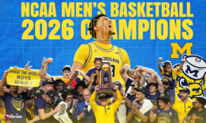 This poster shows the Michigan Wolverines team, representing their NCAA Men’s Basketball Championship.