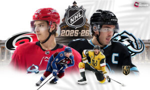 This image depicts the NHL 2025-26 season, featuring team tussles and spectacular performances in ice hockey.