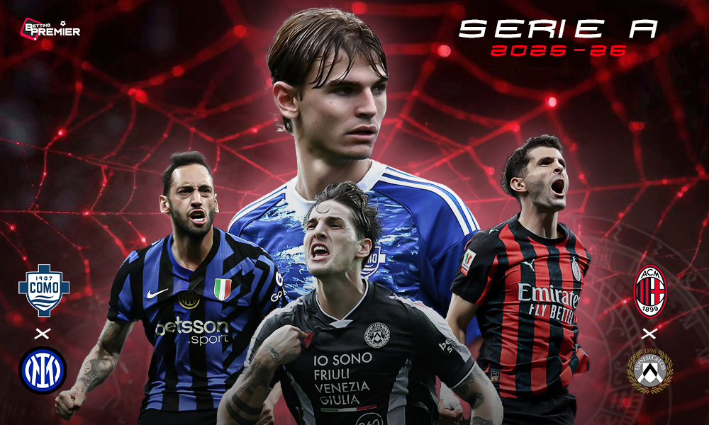 This poster depicts a clash between elite top-tier clubs in the 2025-26 Serie A season.
