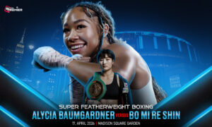 This poster shows boxers representing the upcoming Alycia Baumgardner vs Bo Mi Re Shin fight.