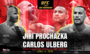 This poster depicts UFC 327 as a head-to-head title clash in the octagon, featuring Prochazka vs. Ulberg.