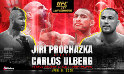 This poster depicts UFC 327 as a head-to-head title clash in the octagon, featuring Prochazka vs. Ulberg.