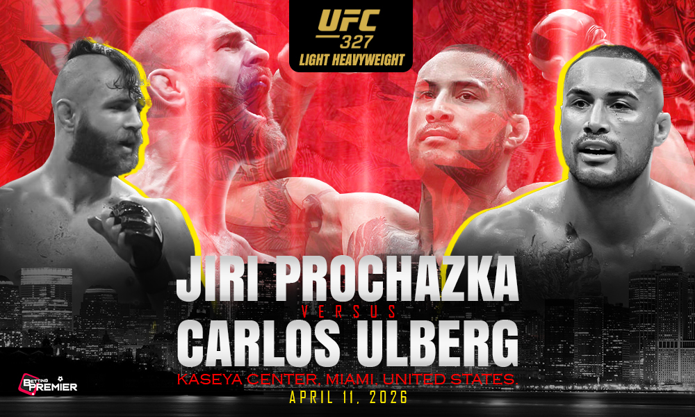 This poster depicts UFC 327 as a head-to-head title clash in the octagon, featuring Prochazka vs. Ulberg.