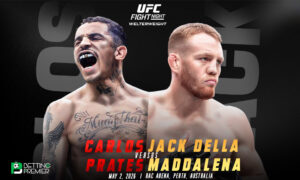 This poster denotes a UFC Fight Night featuring Della Maddalena vs Prates for the welterweight title in the octagon.