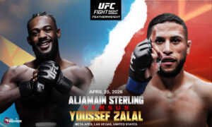 This image shows a UFC Fight Night feature with Sterling vs Zalal for the featherweight title in the octagon.