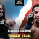 This image shows a UFC Fight Night feature with Sterling vs Zalal for the featherweight title in the octagon.