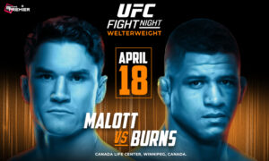The image depicts a UFC Fight Night featuring Burns vs. Malott in the octagon.