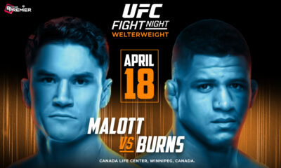 The image depicts a UFC Fight Night featuring Burns vs. Malott in the octagon.
