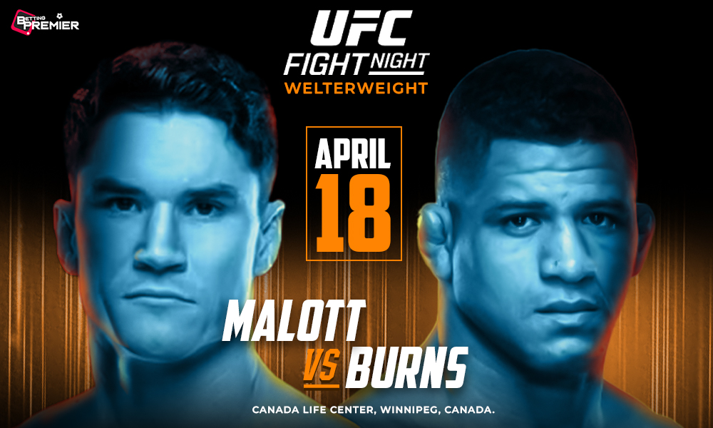 The image depicts a UFC Fight Night featuring Burns vs. Malott in the octagon.