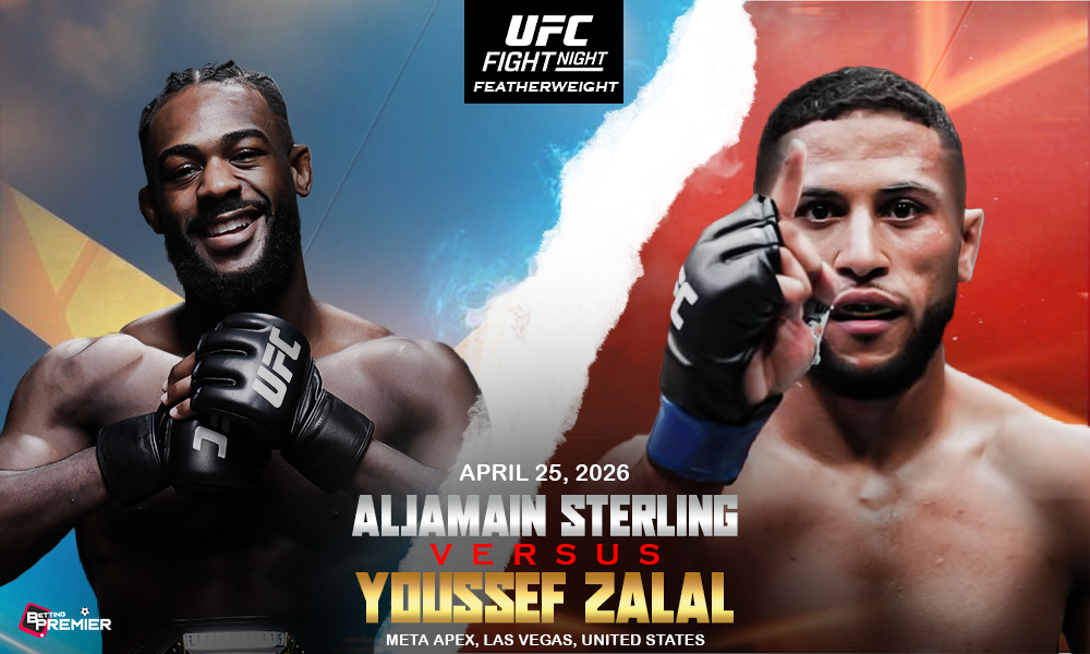 This image shows a UFC Fight Night feature with Sterling vs Zalal for the featherweight title in the octagon.