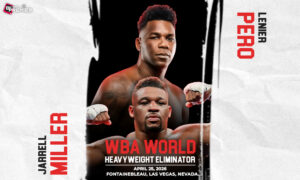 The poster shows the fearless face-off between Miller vs Peró: WBC World Heavyweight Title.