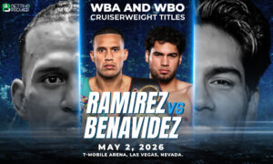 The poster shows the fearless face-off between Ramírez vs Benavidez: WBA and WBO World Cruiserweight Title.