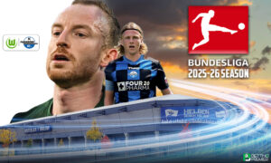 The poster features the high-speed Bundesliga Relegation game between Wolfsburg and Paderborn.