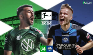 This poster shows the upcoming clash between Wolfsburg and Paderborn in the 2025-26 Bundesliga relegation playoffs.