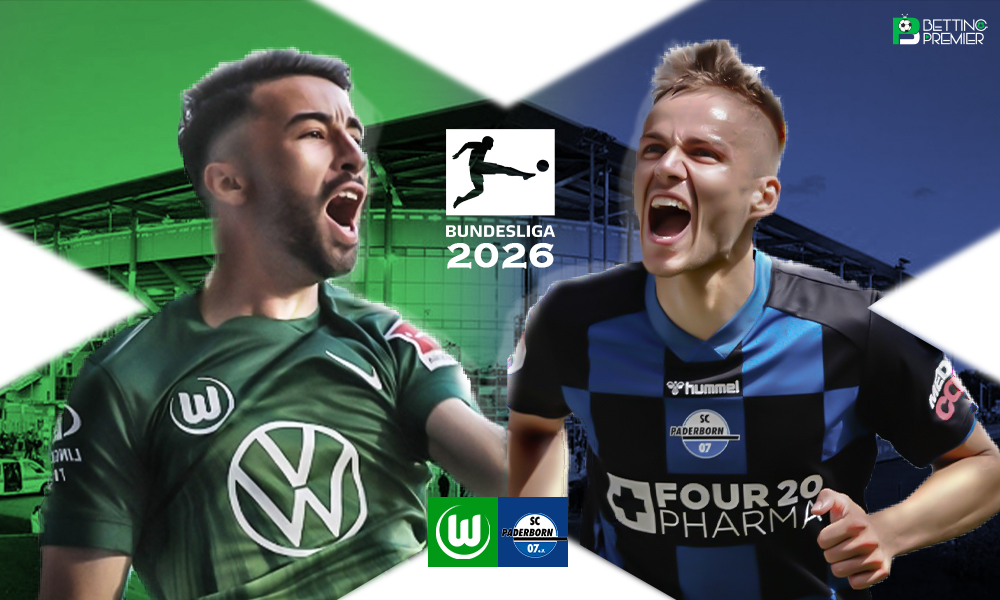 This poster shows the upcoming clash between Wolfsburg and Paderborn in the 2025-26 Bundesliga relegation playoffs.