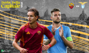 The image denotes a Derby della Capitale 2026 clash between Roma and Lazio in football.