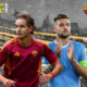 The image denotes a Derby della Capitale 2026 clash between Roma and Lazio in football.