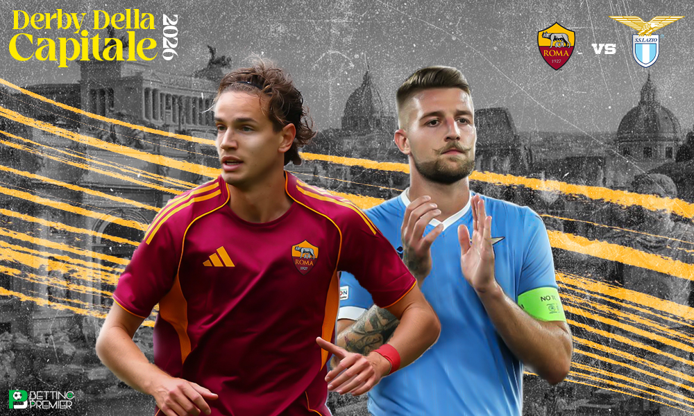 The image denotes a Derby della Capitale 2026 clash between Roma and Lazio in football.