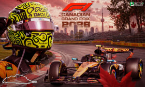 This image depicts the 2026 Canadian Grand Prix, with top drivers battling on the track.