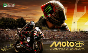 This poster shows riders representing the upcoming MotoGP Catalan GP 2026