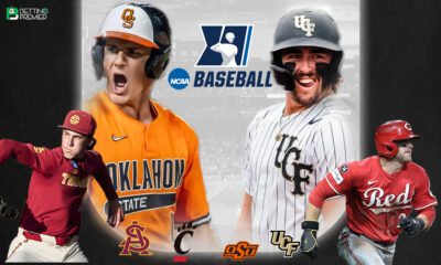 This poster shows NCAA college baseball players and the teams to represent upcoming games.