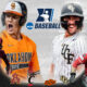 This poster shows NCAA college baseball players and the teams to represent upcoming games.