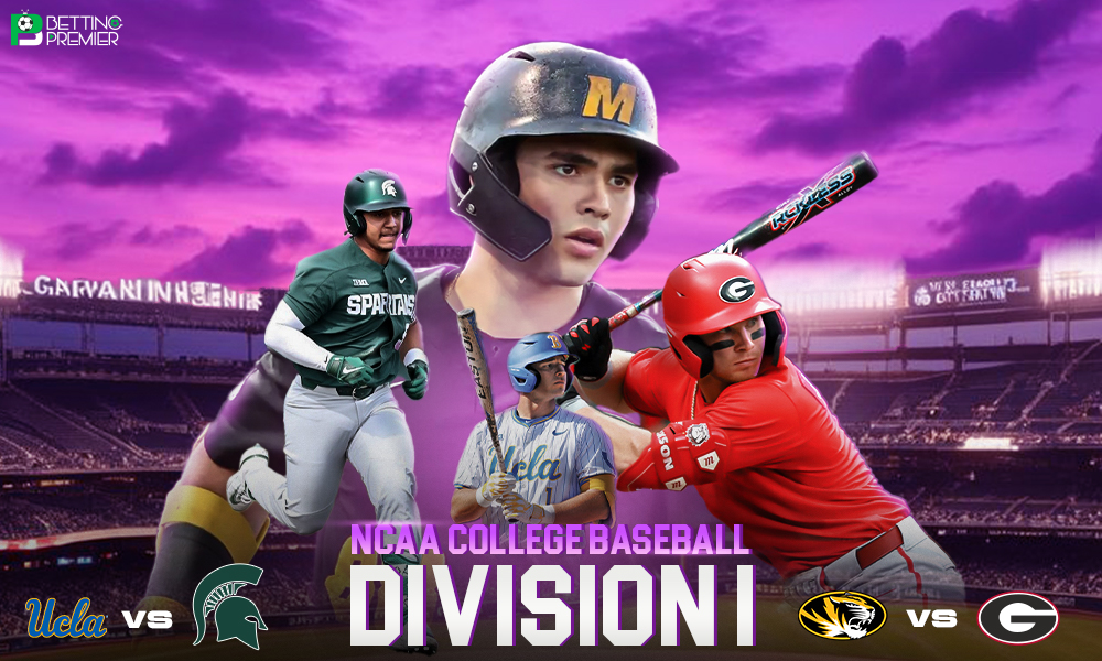 This poster shows college baseball teams to represent the upcoming NCAA College Baseball games.