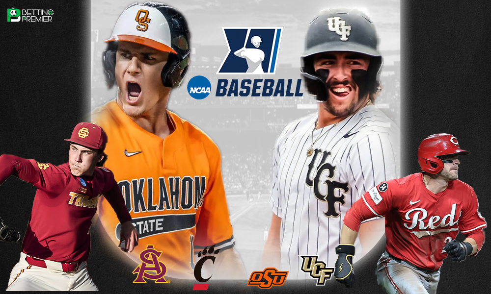 This poster shows NCAA college baseball players and the teams to represent upcoming games.