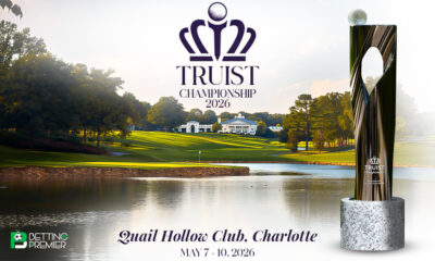 The image depicts the Truist Championship, with a group of top golfers competing on the course.