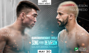 The image denotes a UFC Fight Night featuring a bantamweight bout between Song Yadong and Deiveson Figueiredo inside the octagon.