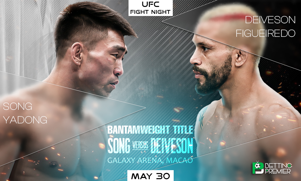The image denotes a UFC Fight Night featuring a bantamweight bout between Song Yadong and Deiveson Figueiredo inside the octagon.