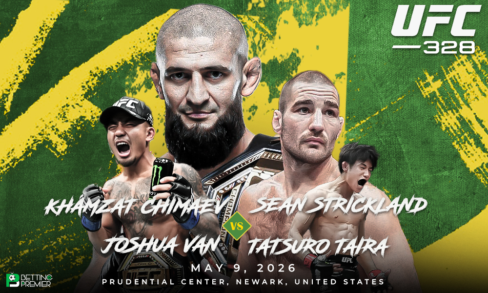 This image shows UFC 328 featuring elite fighters Chimaev vs. Strickland in the octagon.