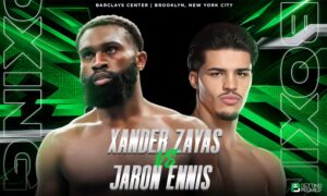 This poster shows boxers representing the upcoming title defense fight ”Xander Zayas vs Jaron Ennis”.