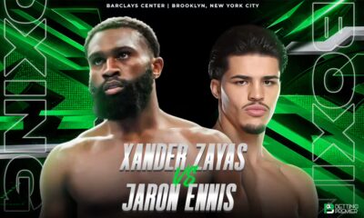This poster shows boxers representing the upcoming title defense fight ”Xander Zayas vs Jaron Ennis”.