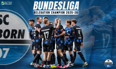 The poster features the Paderborn team celebrating their promotion to the Bundesliga for next season.