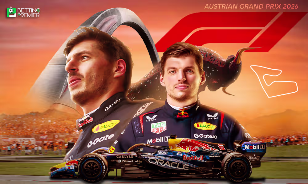 The image shows the Formula One world featuring the 2026 Austrian Grand Prix, with elite drivers on the track.
