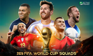 This poster shows football players representing the upcoming 2026 FIFA World Cup.