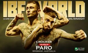 The poster shows the face-off between Crocker and Paro for the IBF World Welterweight Championship