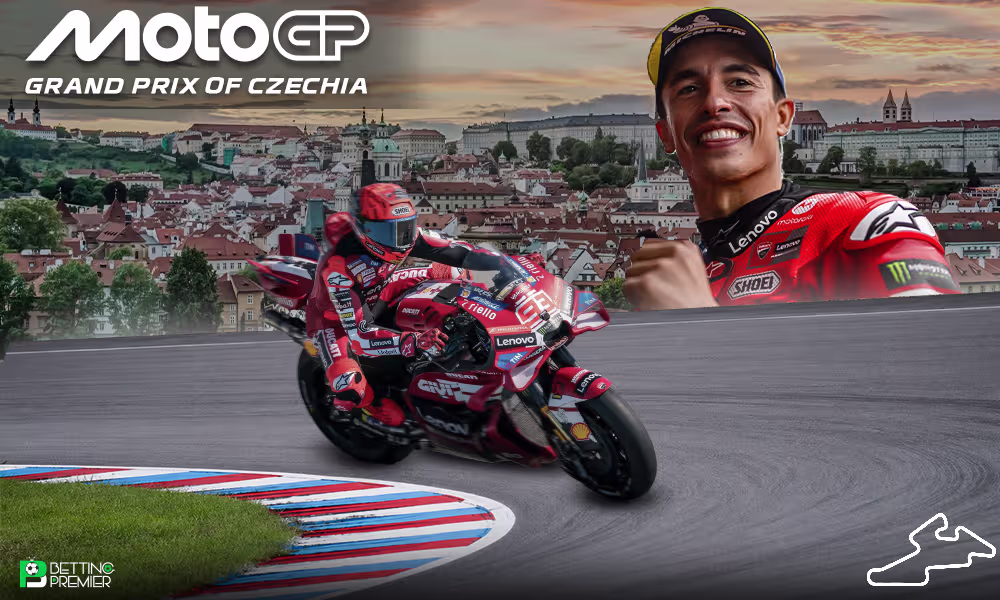 This poster shows rider Marc Marquez representing the upcoming MotoGP Grand Prix of Czechia.